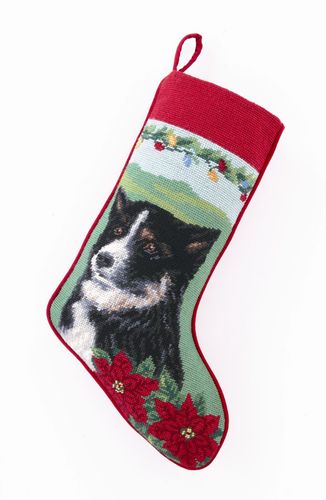 Border Collie Dog Needlepoint Christmas Stocking NWT